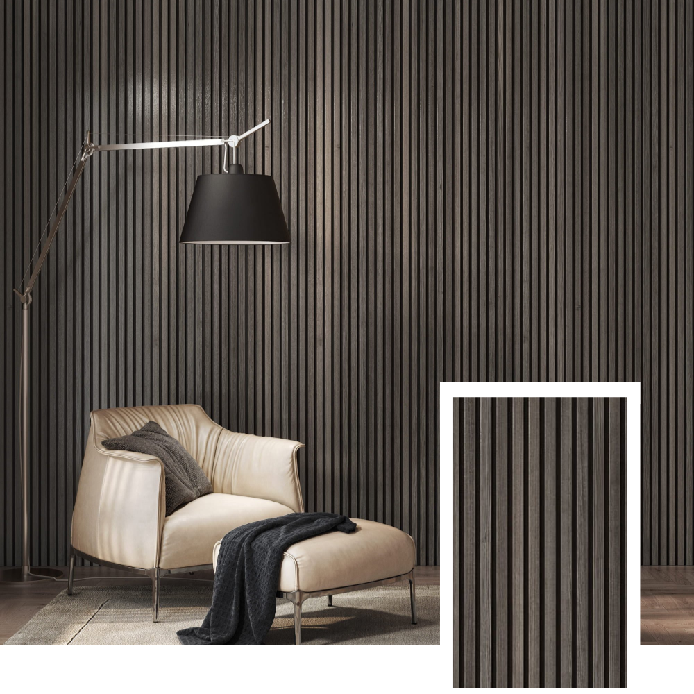 Nordive™ Akoestisch Lamellenpaneel — Gerookt Eiken (2,7 m × 1,10 m)