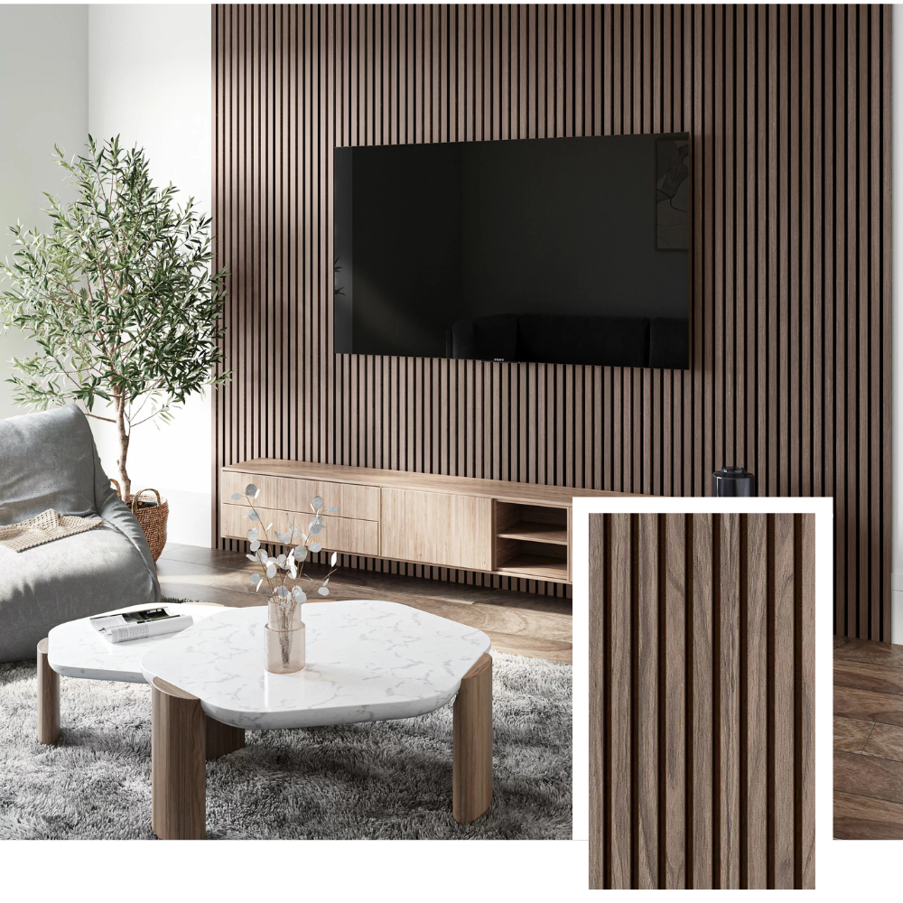 Nordive™ Akoestisch Lamellenpaneel — Gerookt Eiken (2,7 m × 1,10 m)